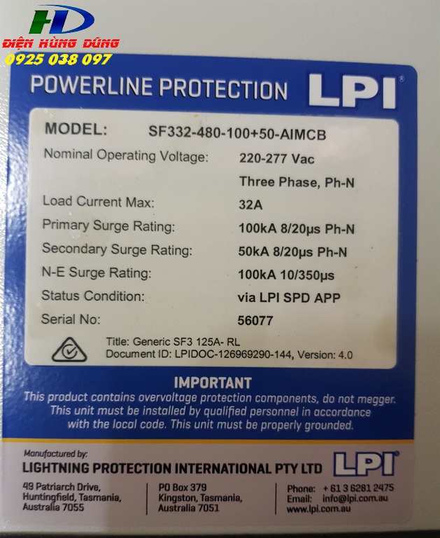 Tủ cắt lọc sét 3 pha 32A LPI SF332-385-100+50-AIMCB